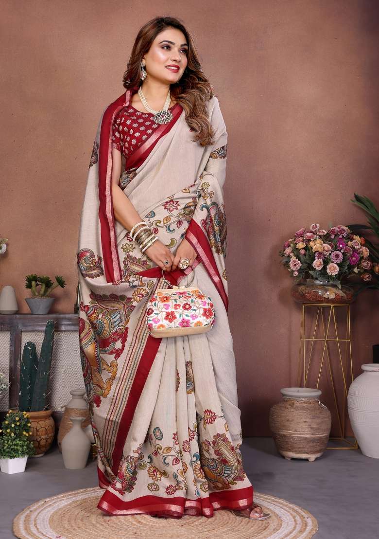 Red Kalamkari Print Cotton Saree Set - Indya