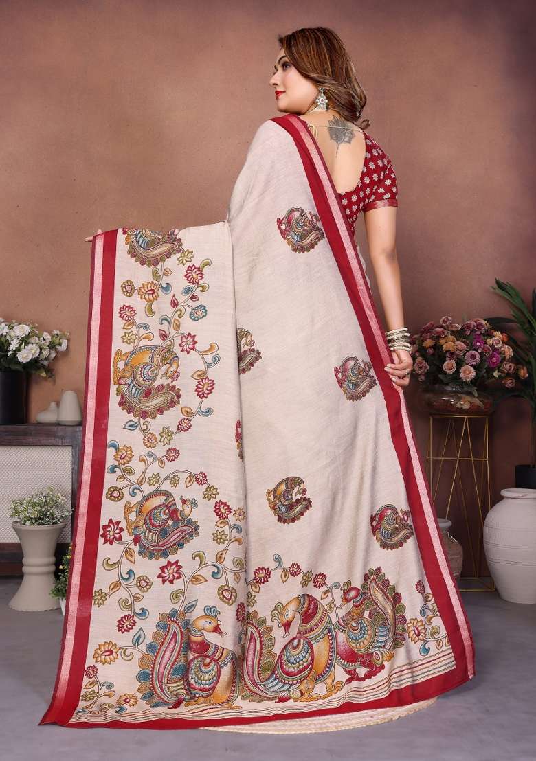 Red Kalamkari Print Cotton Saree Set - Indya