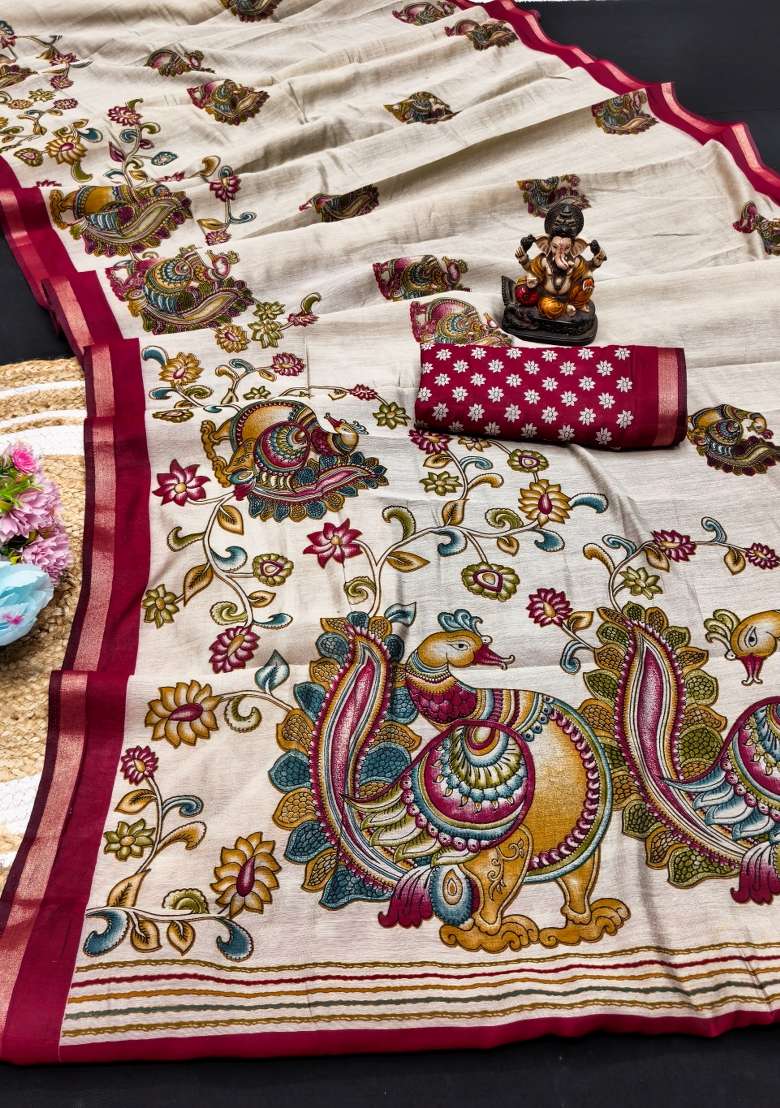 Red Kalamkari Print Cotton Saree Set - Indya
