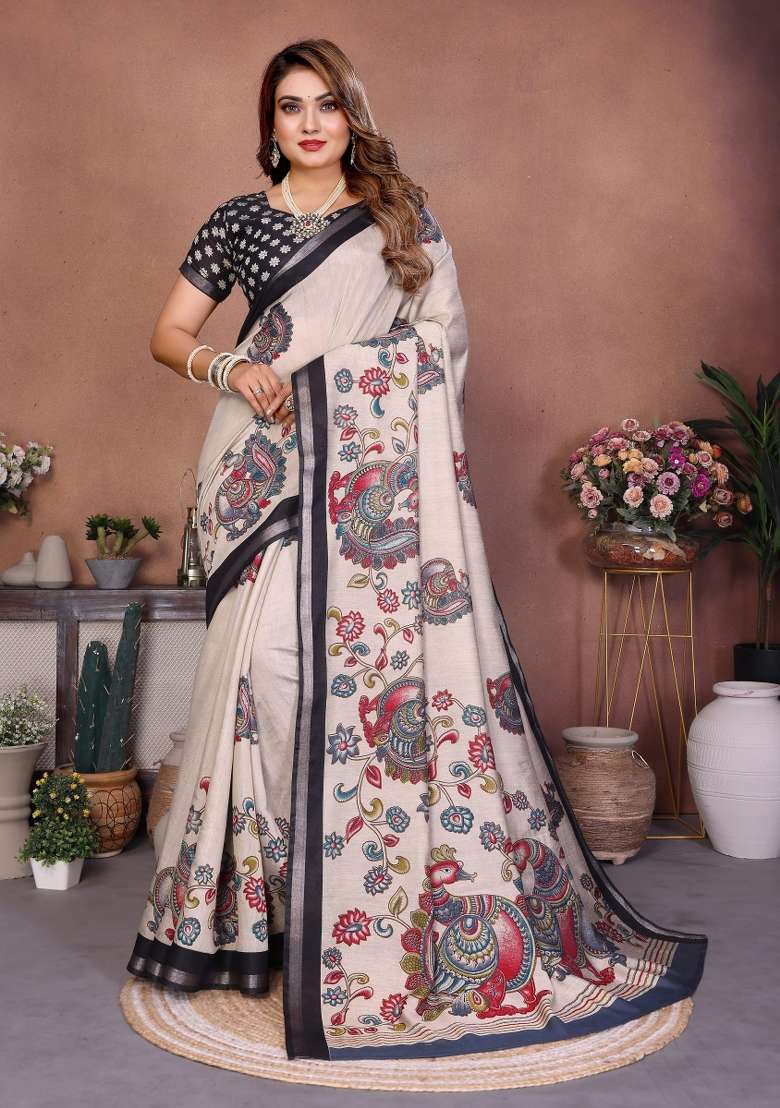 Black Kalamkari Print Cotton Saree Set - Indya