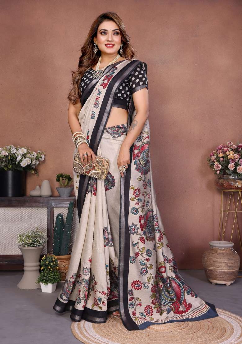 Black Kalamkari Print Cotton Saree Set - Indya