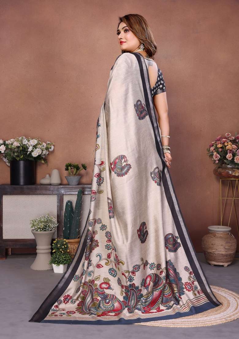 Black Kalamkari Print Cotton Saree Set - Indya