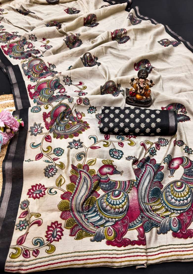 Black Kalamkari Print Cotton Saree Set - Indya