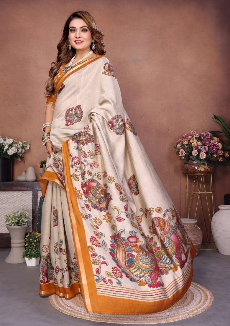 Yellow Kalamkari Print Cotton Saree Set - Indya
