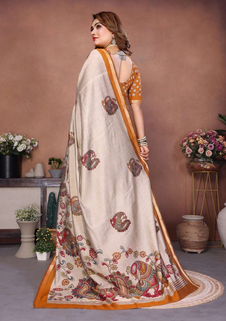 Yellow Kalamkari Print Cotton Saree Set - Indya