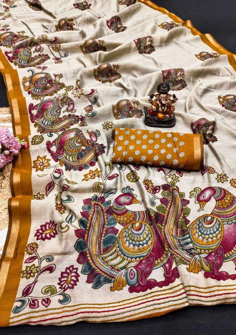 Yellow Kalamkari Print Cotton Saree Set - Indya