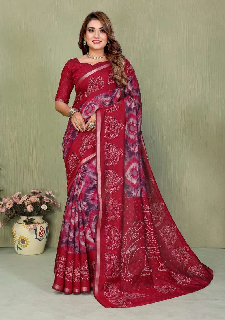 maroon Kalamkari Print Cotton Saree Set - Indya