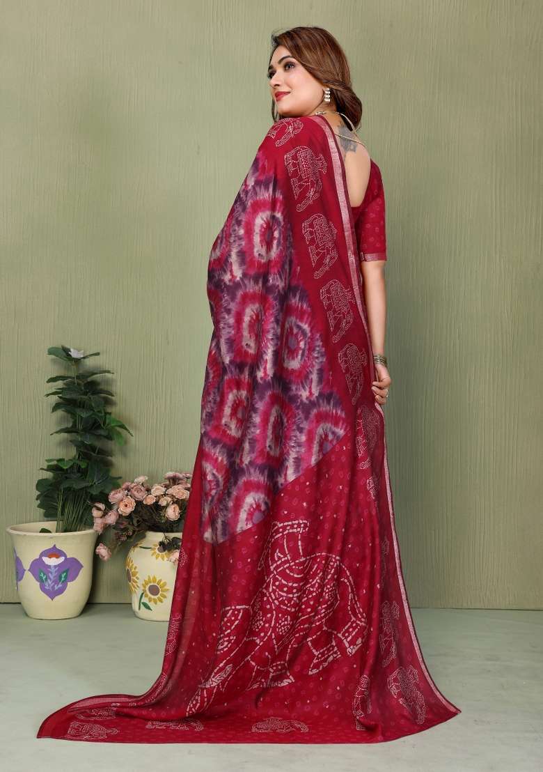 maroon Kalamkari Print Cotton Saree Set - Indya