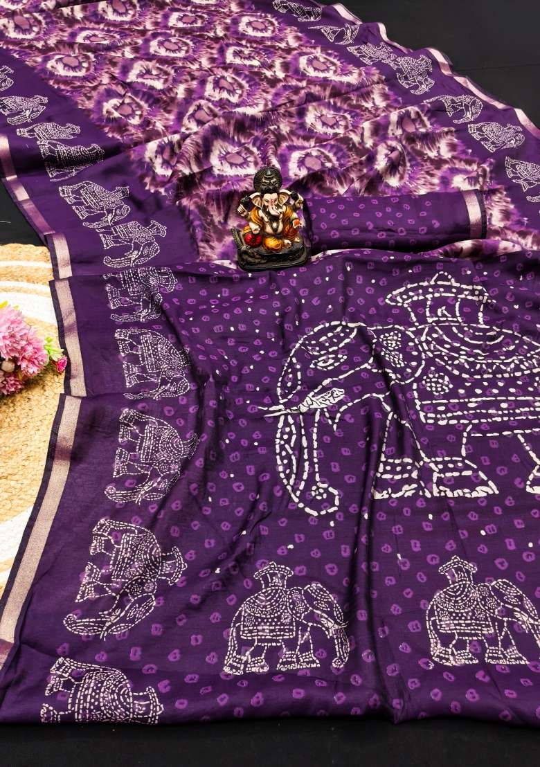 Wine Kalamkari Print Cotton Saree Set - Indya