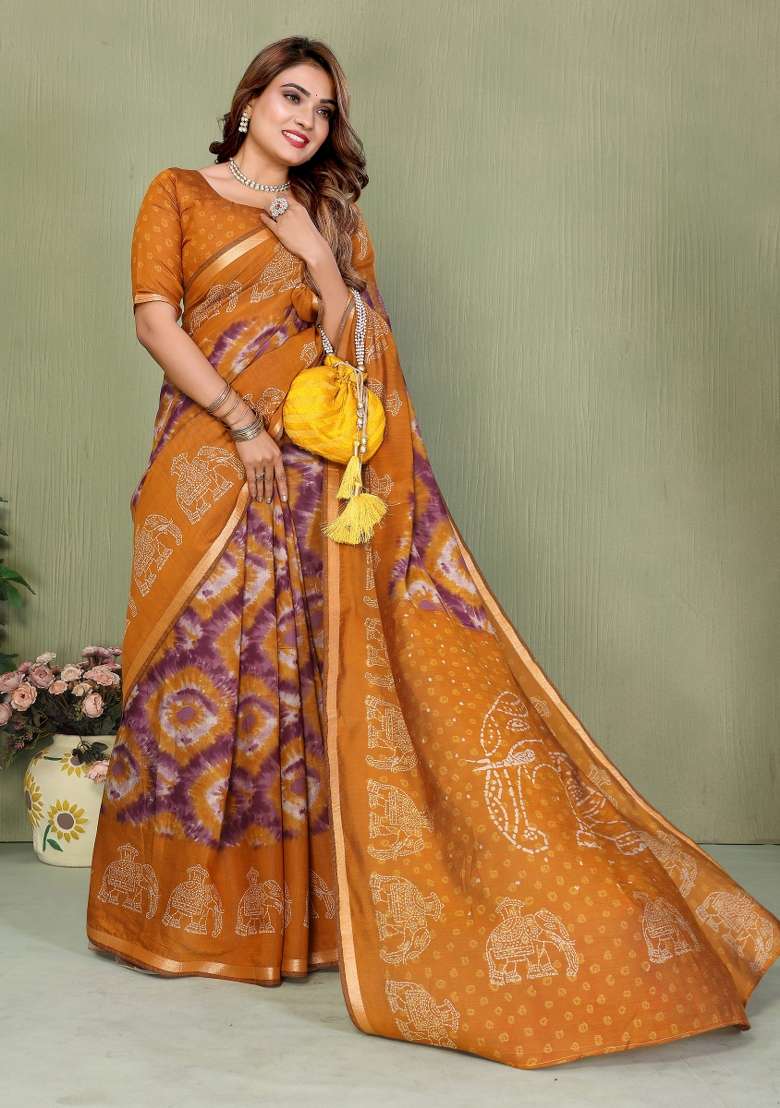 Yellow Kalamkari Print Cotton Saree Set - Indya