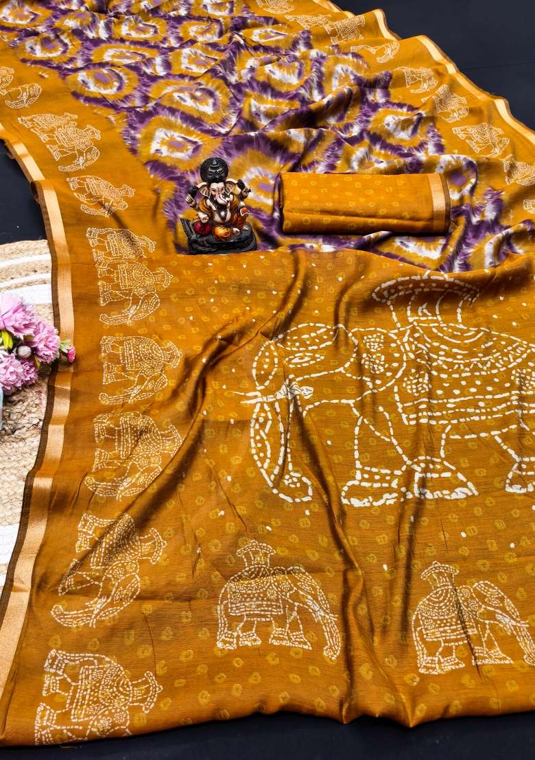 Yellow Kalamkari Print Cotton Saree Set - Indya