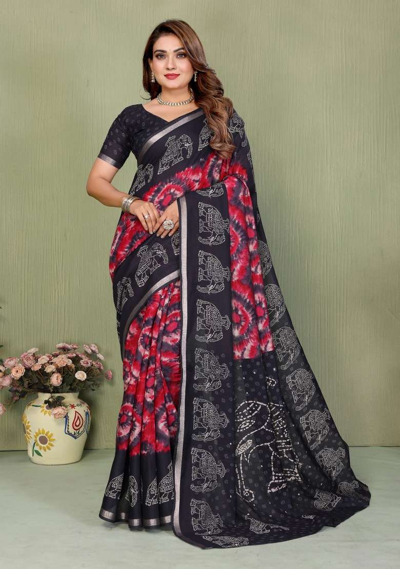 Black Kalamkari Print Cotton Saree Set - Indya