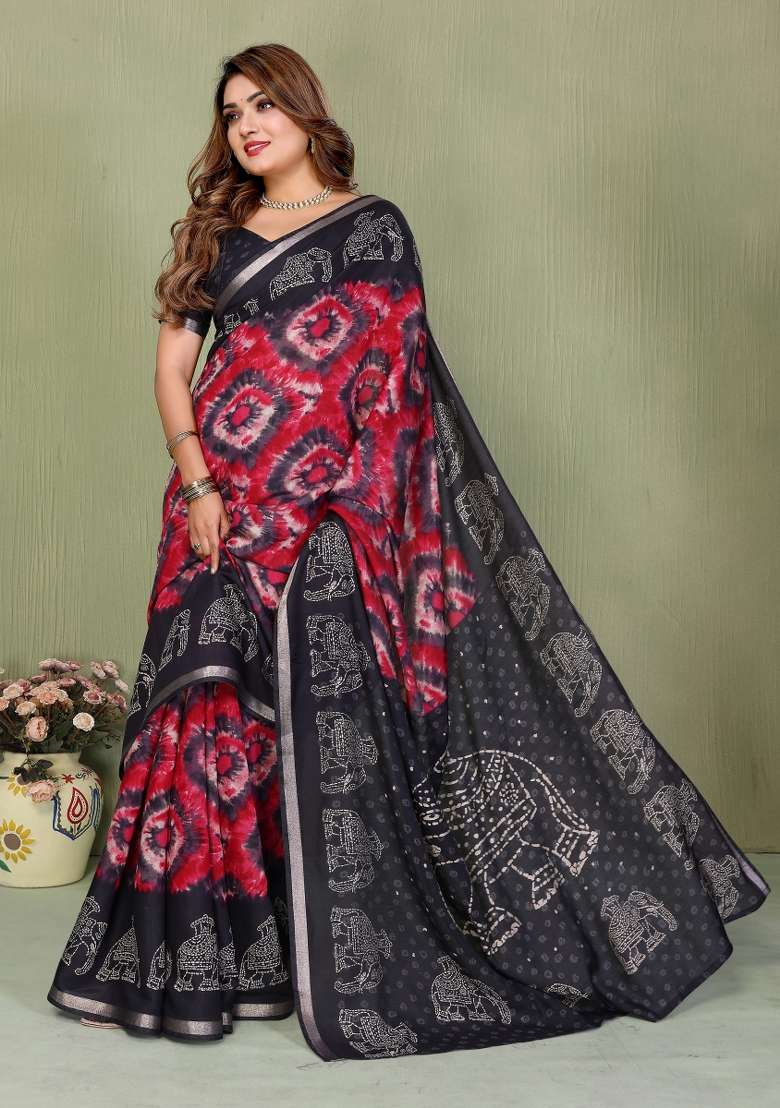 Black Kalamkari Print Cotton Saree Set - Indya
