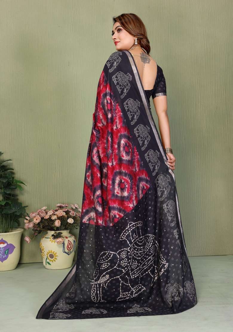 Black Kalamkari Print Cotton Saree Set - Indya