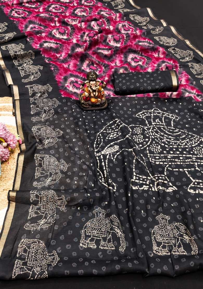 Black Kalamkari Print Cotton Saree Set - Indya