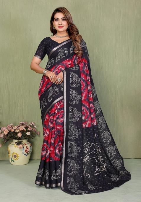 Black Kalamkari Print Cotton Saree Set