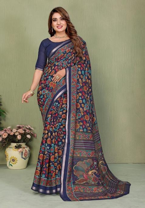 Navy Kalamkari Print Cotton Saree Set