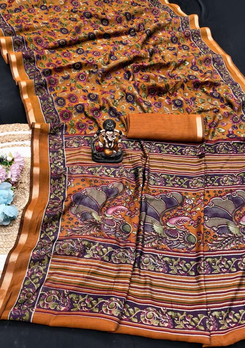 Yellow Kalamkari Print Cotton Saree Set - Indya