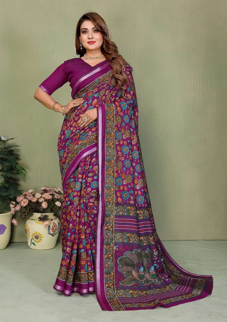Wine Kalamkari Print Cotton Saree Set - Indya