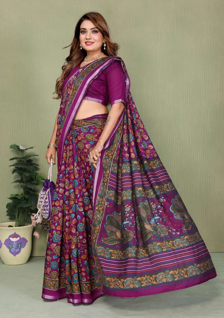 Wine Kalamkari Print Cotton Saree Set - Indya
