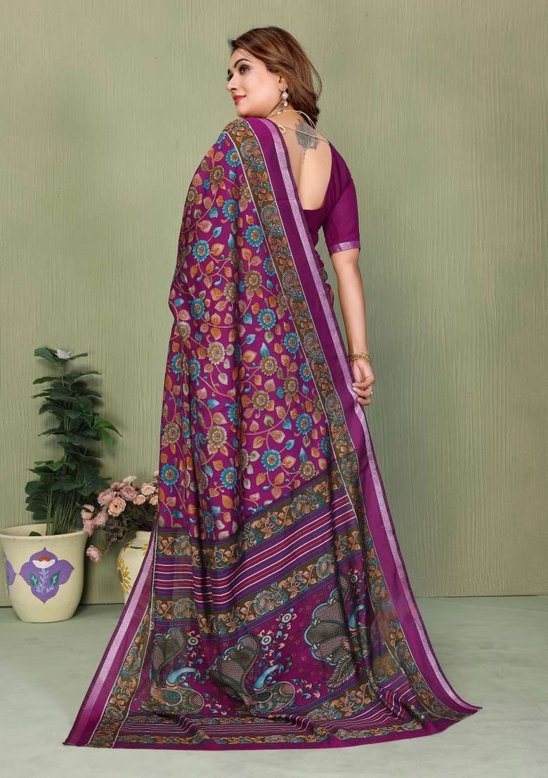 Wine Kalamkari Print Cotton Saree Set - Indya