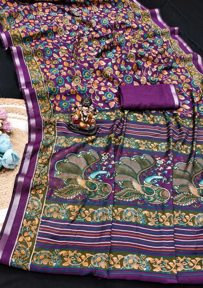 Wine Kalamkari Print Cotton Saree Set - Indya