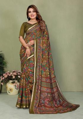Mahendi Green Kalamkari Print Cotton Saree Set