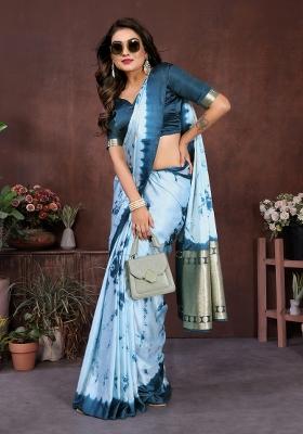 Sky Blue Printed Silk Saree Set