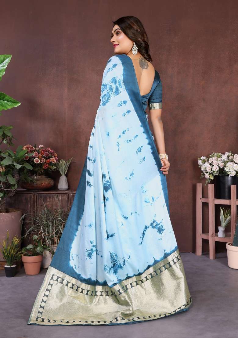 Sky Blue Printed Silk Saree Set - Indya