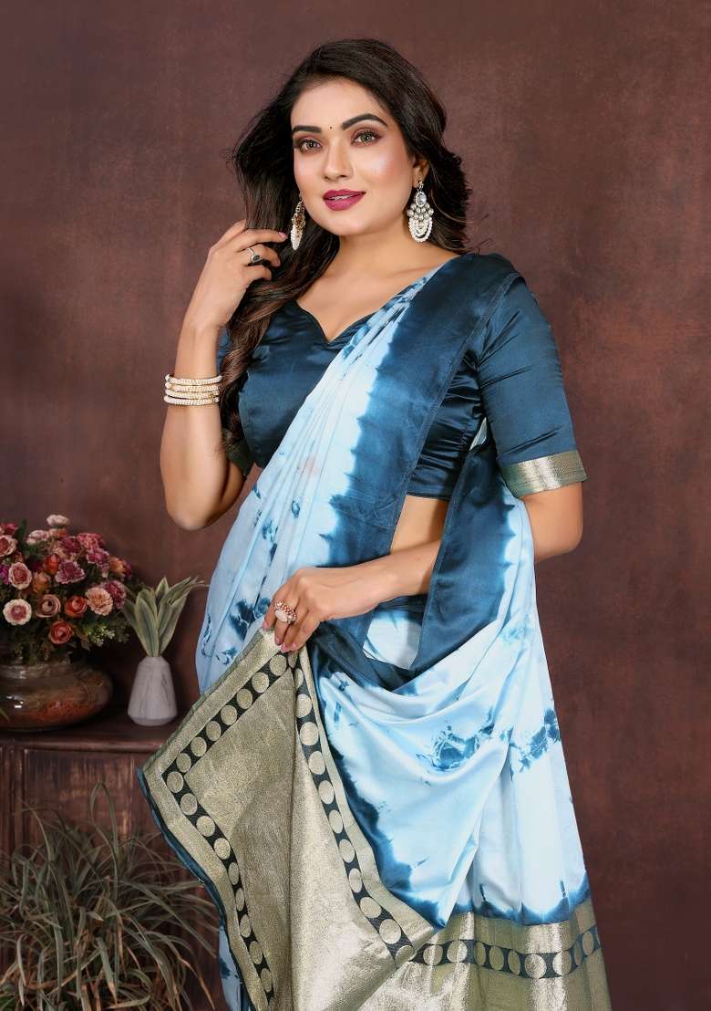 Sky Blue Printed Silk Saree Set - Indya