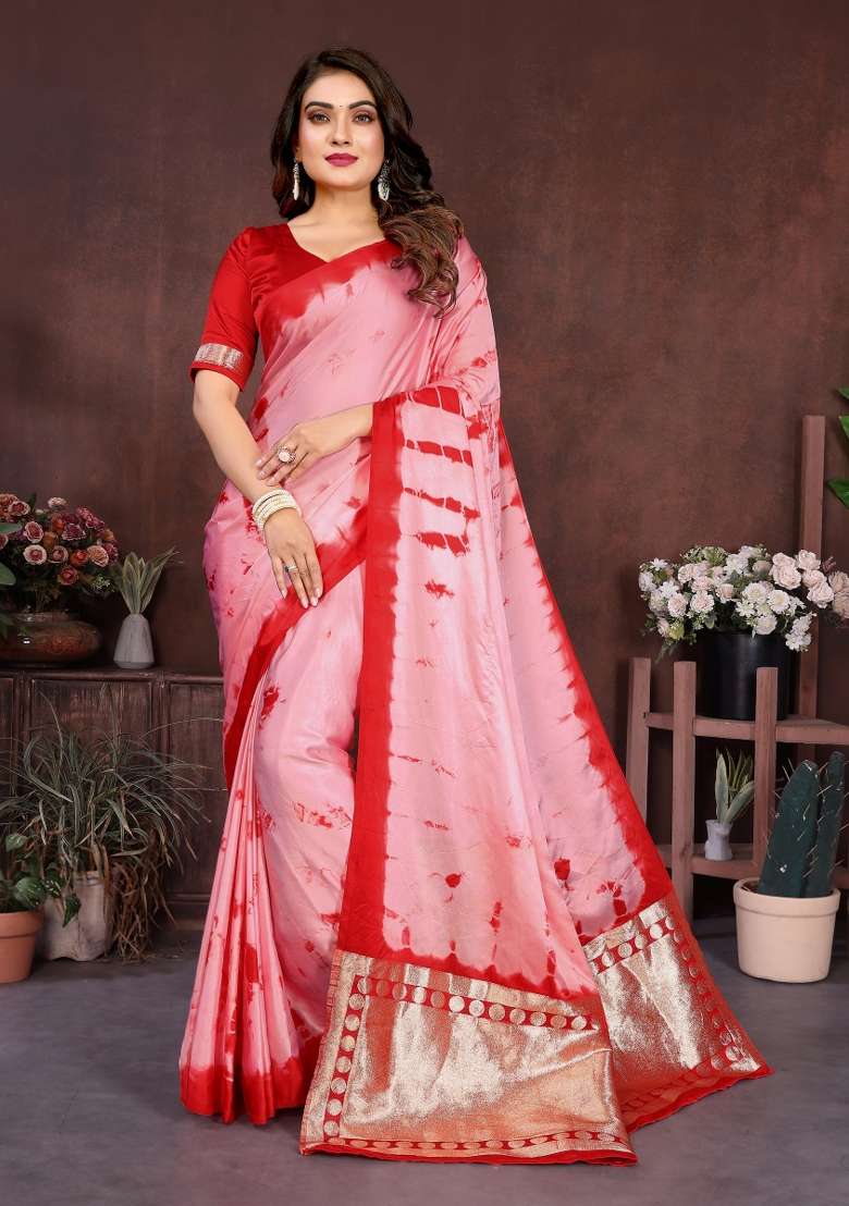 Pink Printed Silk Saree Set - Indya