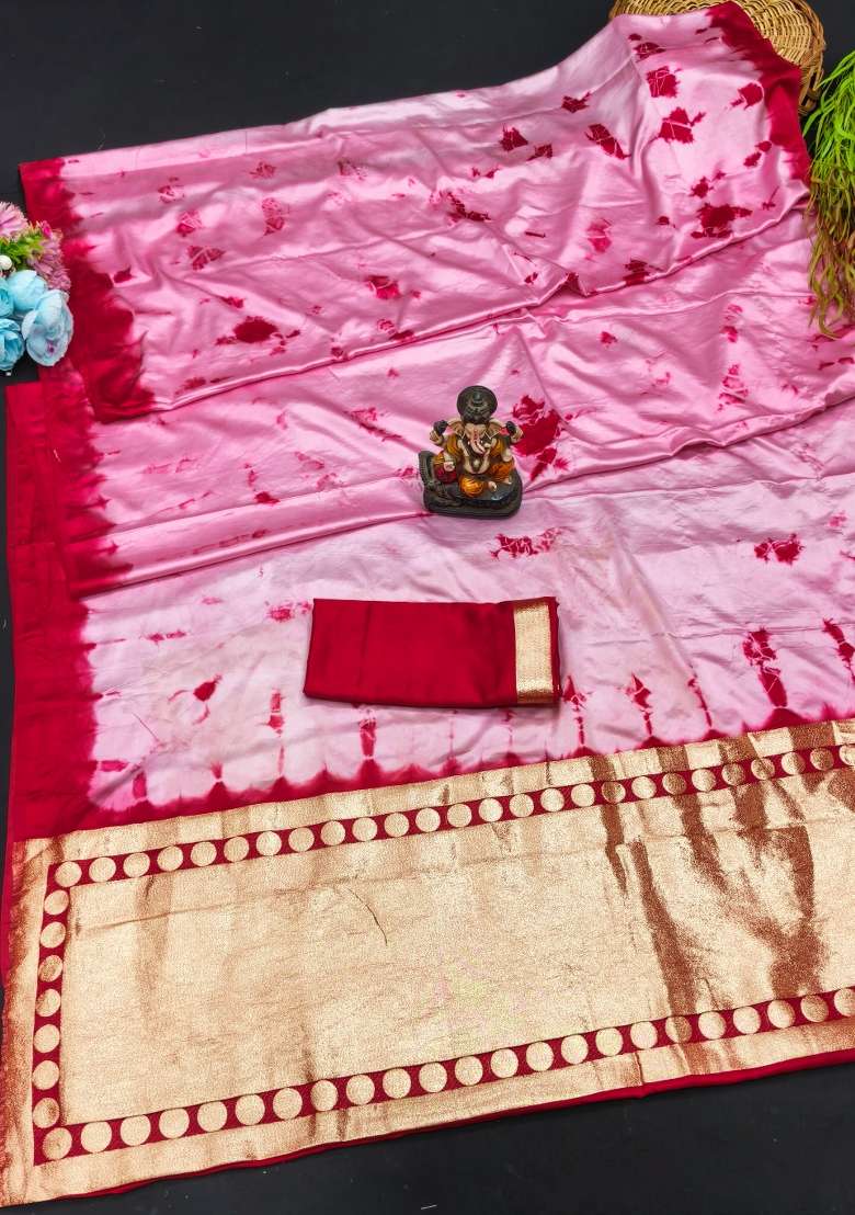 Pink Printed Silk Saree Set - Indya