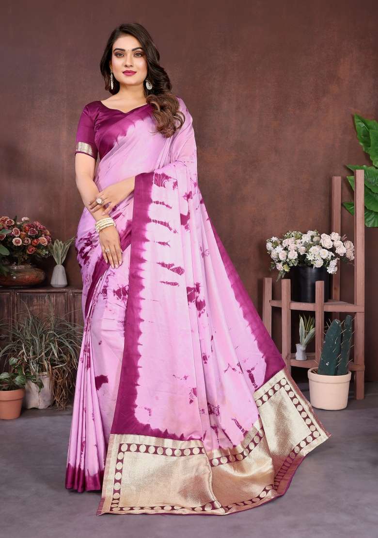 Wine Printed Silk Saree Set - Indya