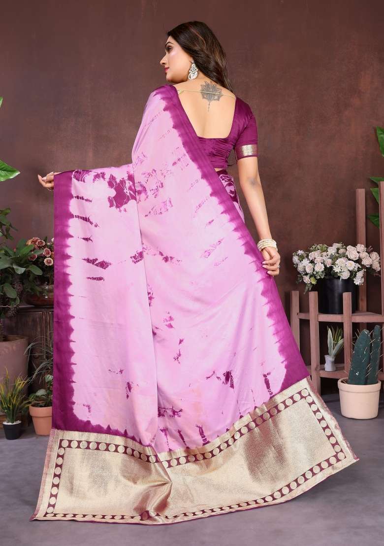 Wine Printed Silk Saree Set - Indya