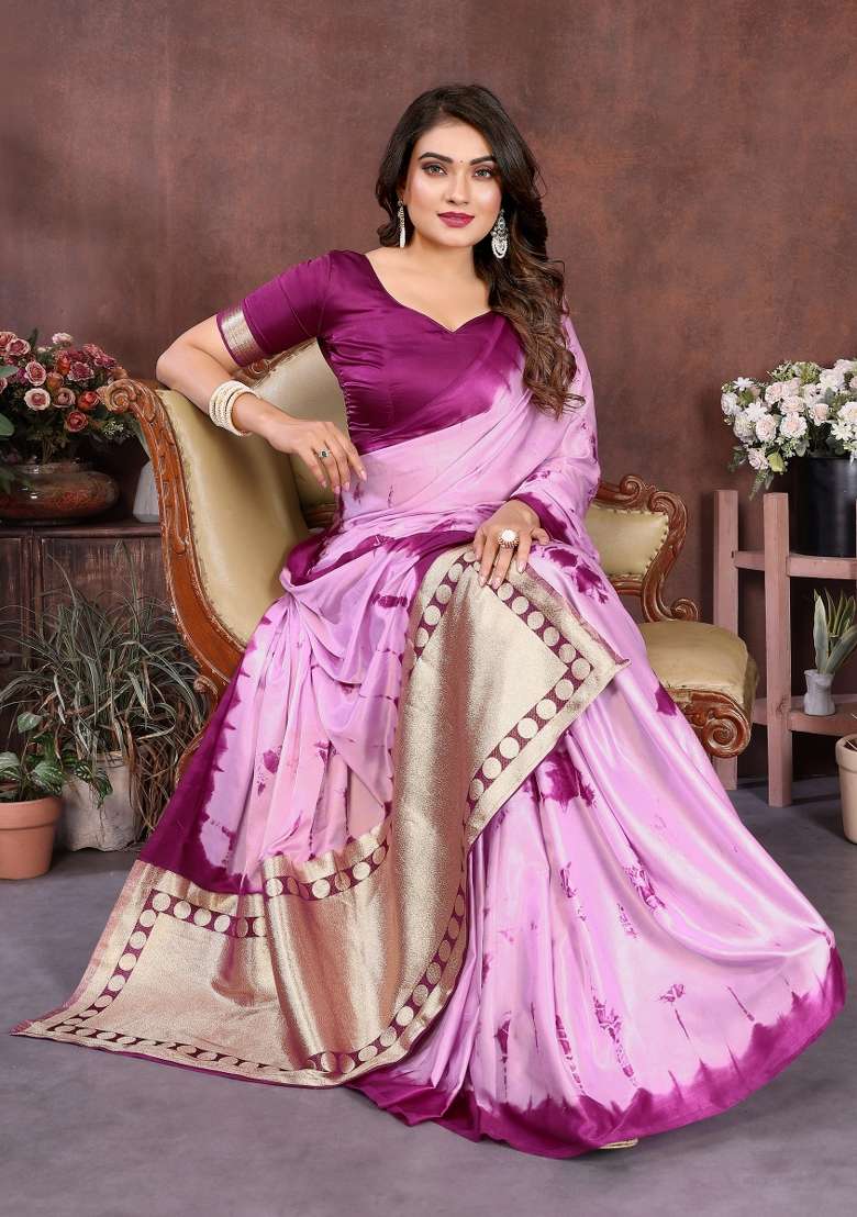 Wine Printed Silk Saree Set - Indya