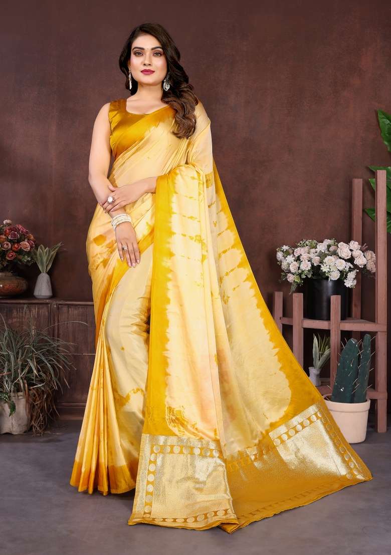 Yellow Printed Silk Saree Set - Indya