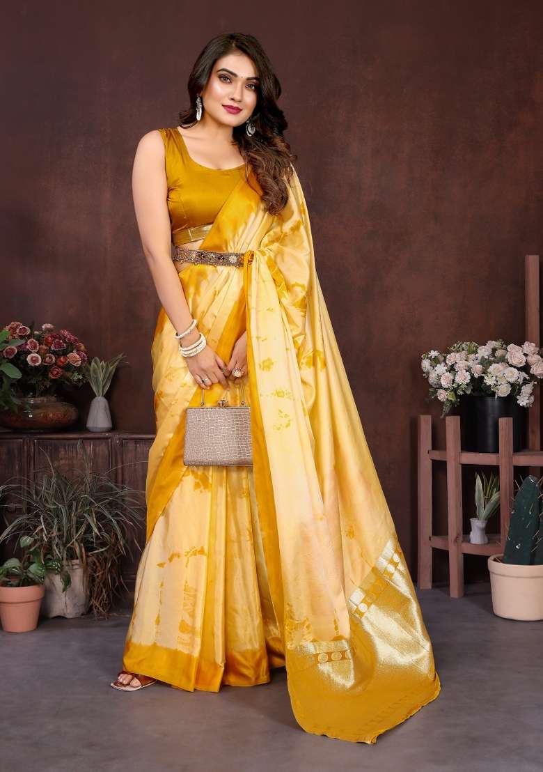 Yellow Printed Silk Saree Set - Indya