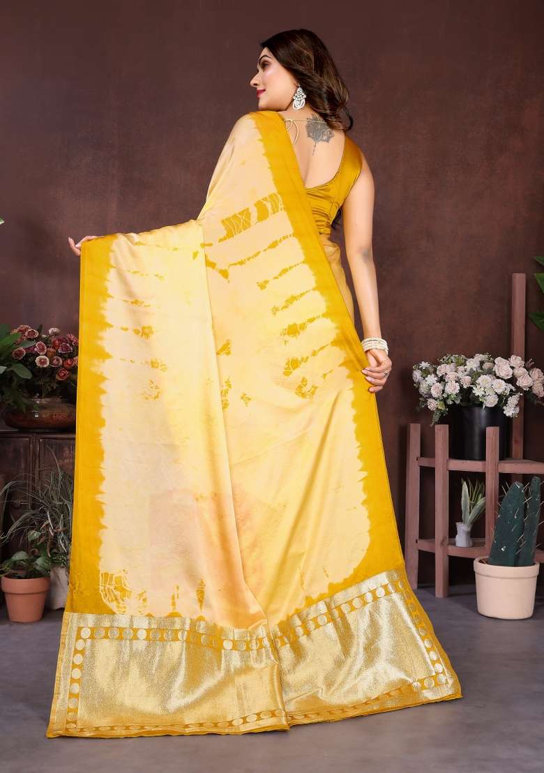 Yellow Printed Silk Saree Set - Indya