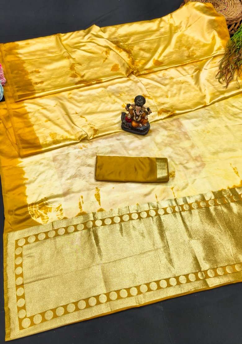Yellow Printed Silk Saree Set - Indya
