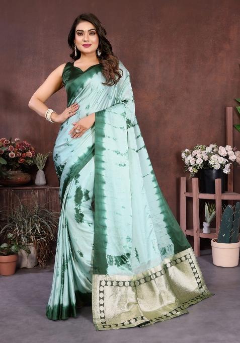 Green Printed Silk Saree Set