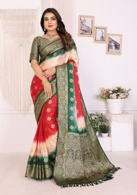 Peach Zari Weaving Silk Saree Set