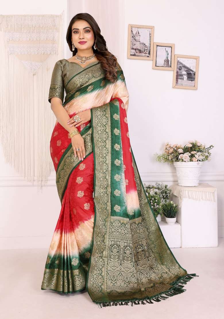 Peach Zari Weaving Silk Saree Set - Indya