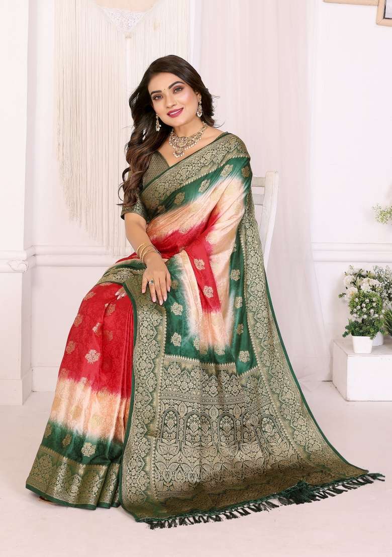 Peach Zari Weaving Silk Saree Set - Indya