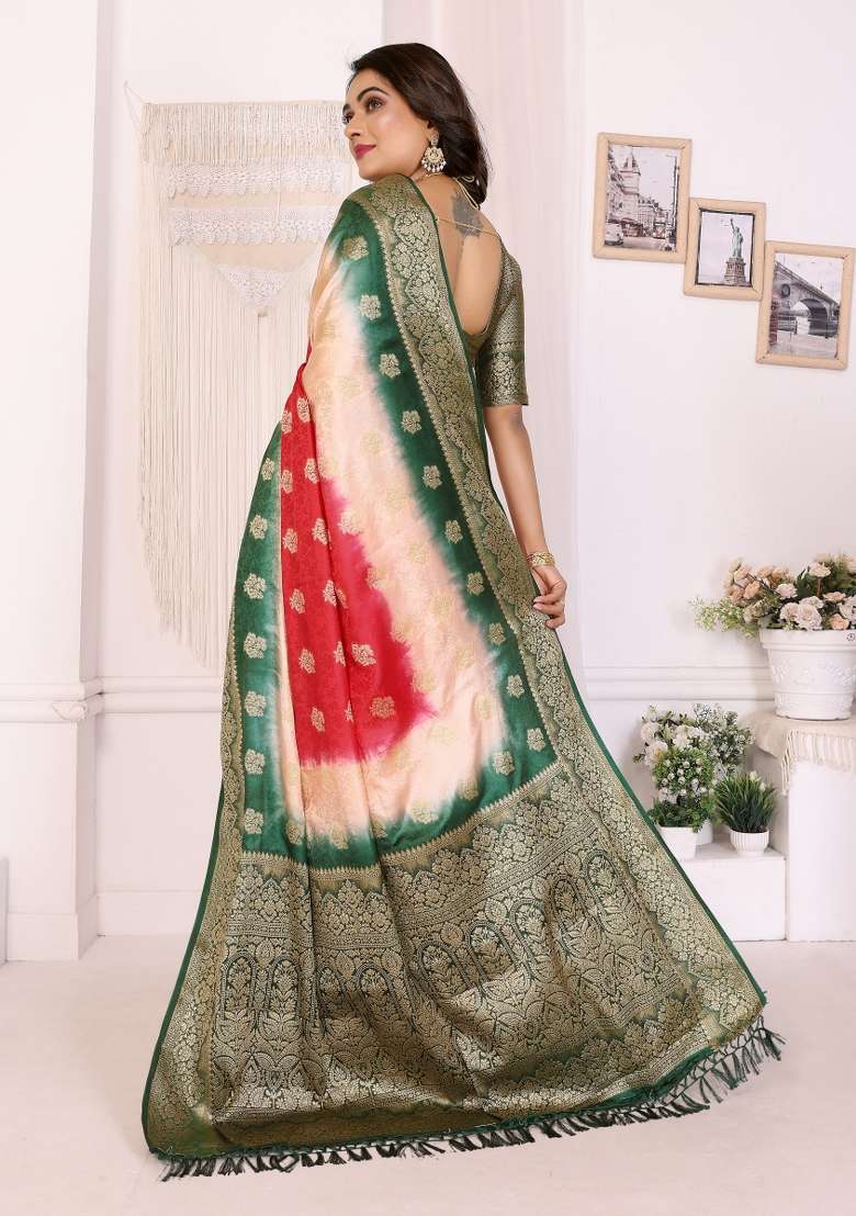 Peach Zari Weaving Silk Saree Set - Indya