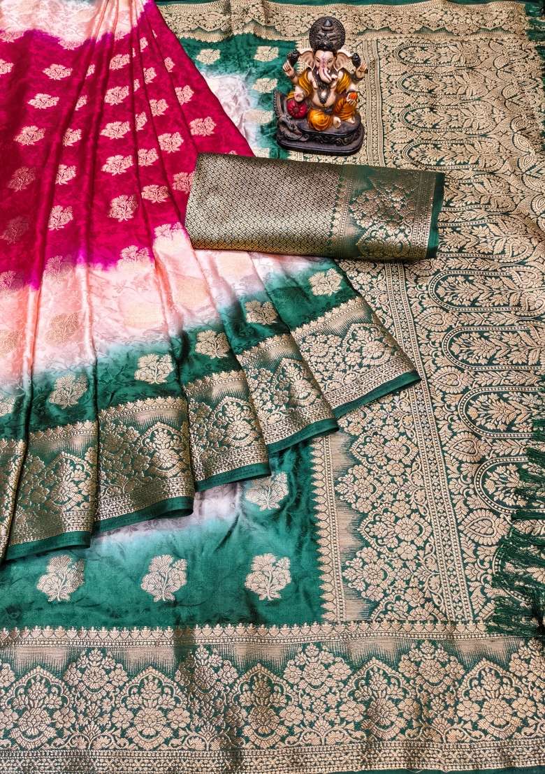 Peach Zari Weaving Silk Saree Set - Indya