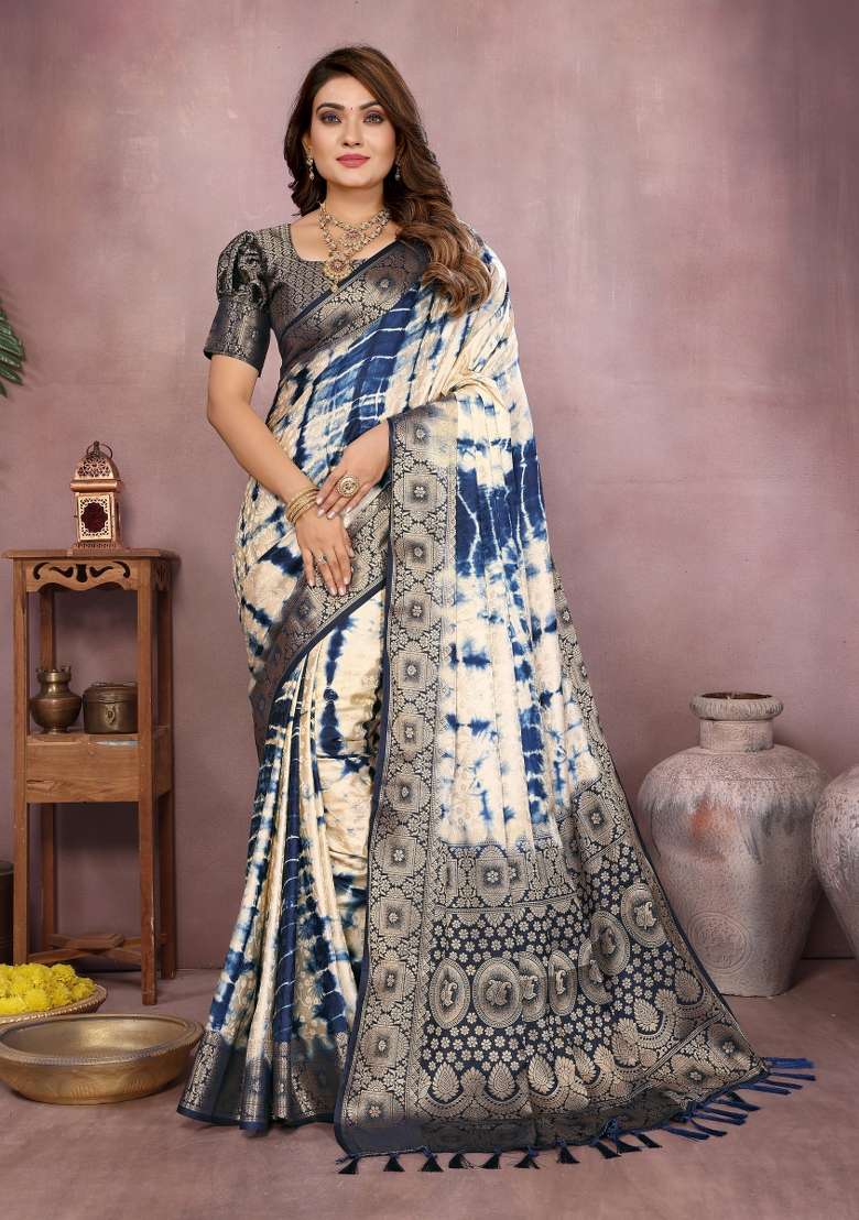 Navy Zari Weaving Silk Saree Set - Indya
