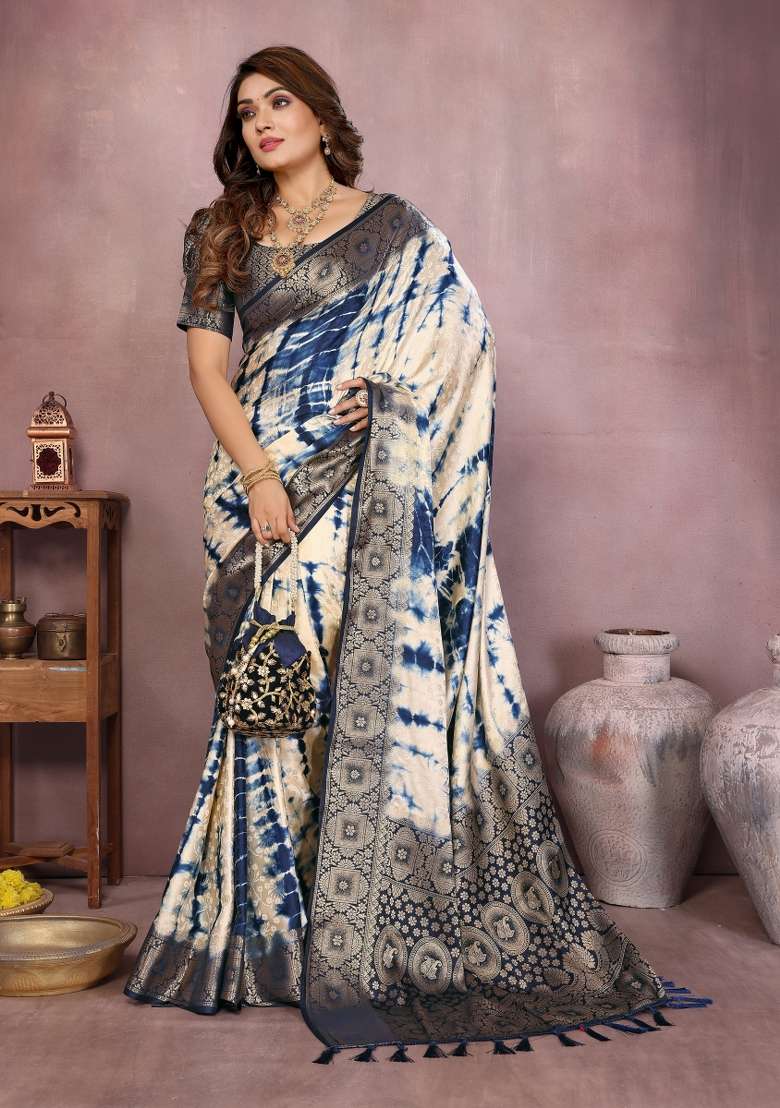 Navy Zari Weaving Silk Saree Set - Indya
