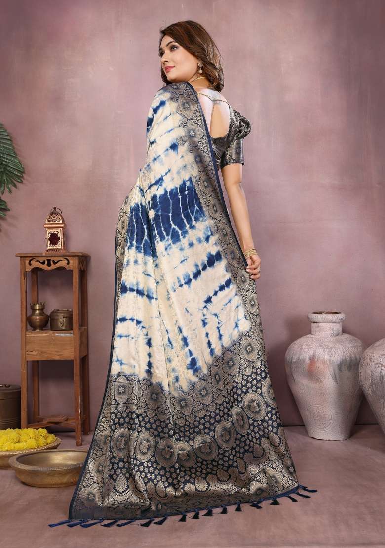 Navy Zari Weaving Silk Saree Set - Indya