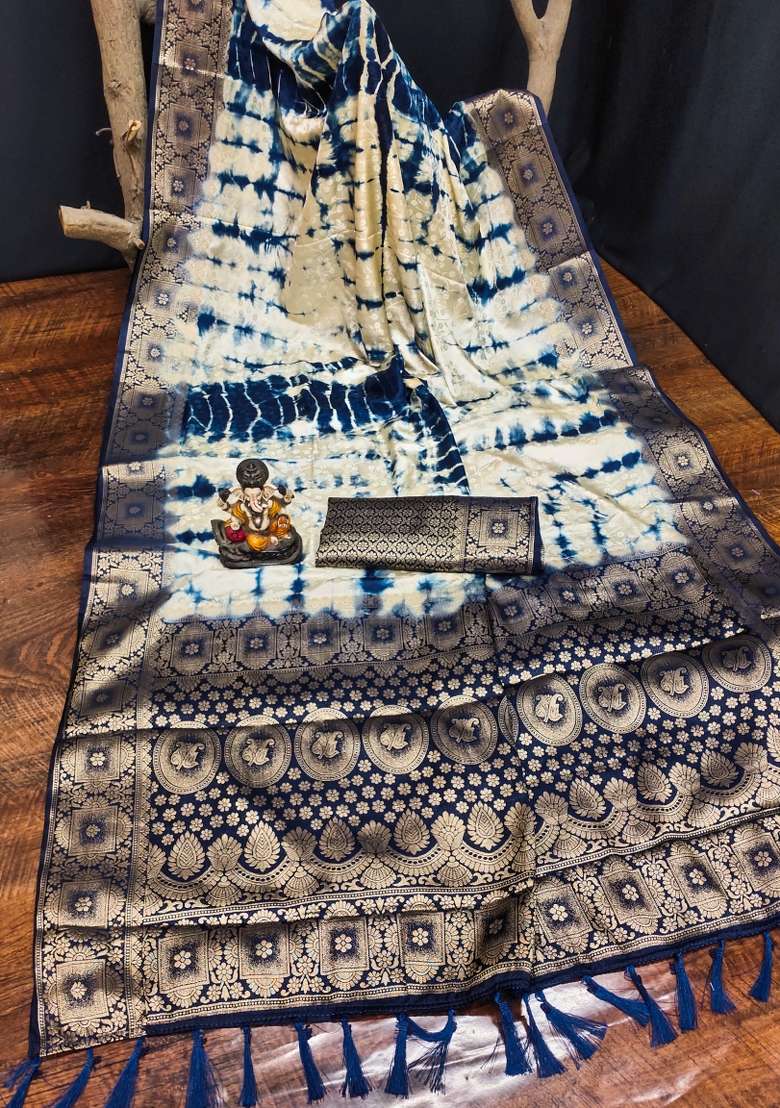 Navy Zari Weaving Silk Saree Set - Indya