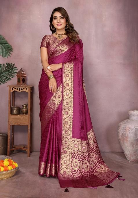 Wine Zari Weaving Silk Saree Set